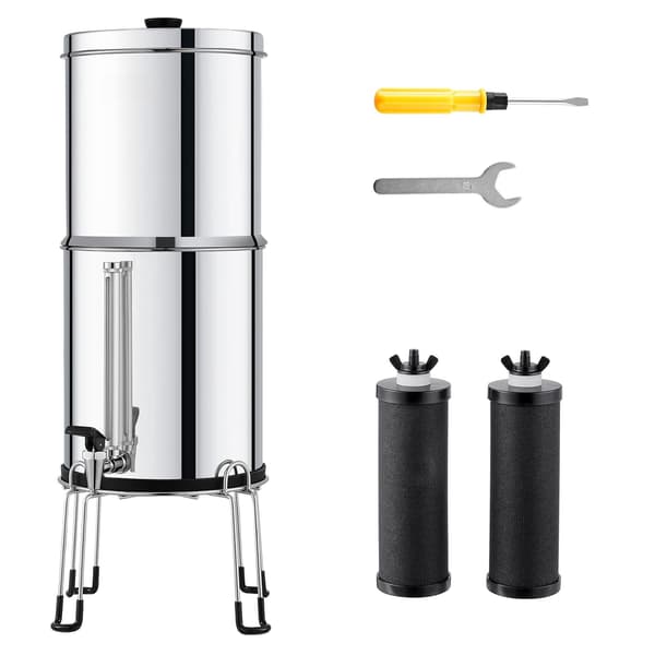 Gravitationsmatat vattenfilter, 2,25 gallon, rostfritt stål, 2 kolfilter