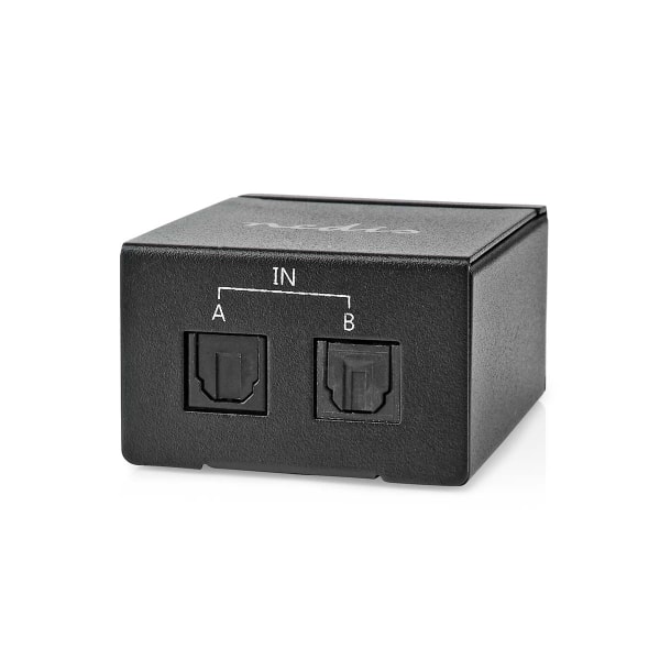 Digital Audio Switch | 1-veje | Tilslutninger indgang: DC strøm / 2x TosLink | Tilslutninger udgang: TosLink Hun | Manual / Switch | Metal | Sort