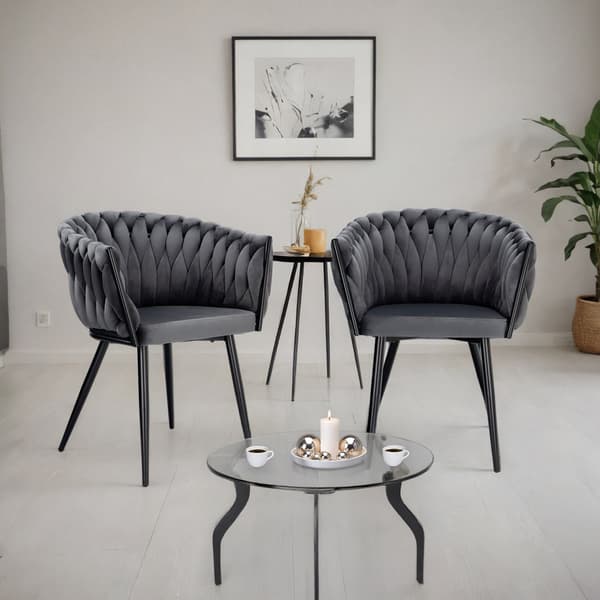 Matstol i sammet, flätad design, svarta metallben