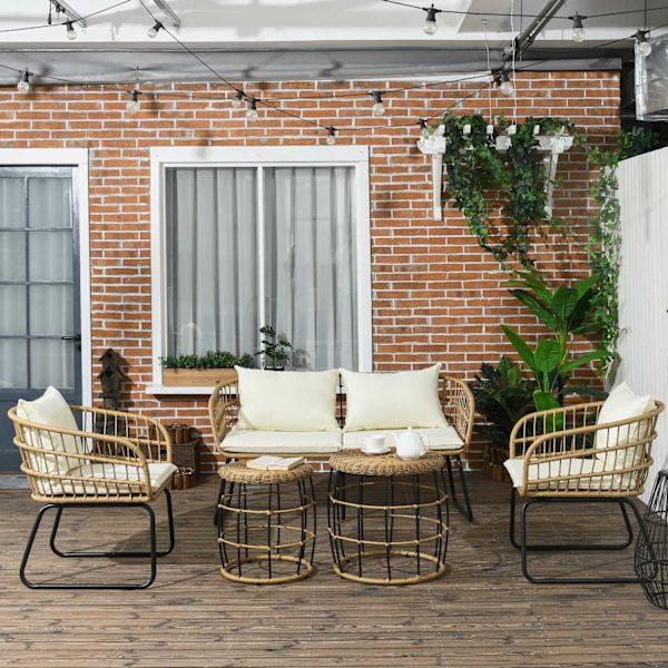 5-Delt Havemøbelsæt I Rattan, Siddeområde Med Hynder, Havesæt Med 2 Sofaborde, 2 Lænestole, 1 Dobbelt Sofa, Siddesæt, Stål, Beige