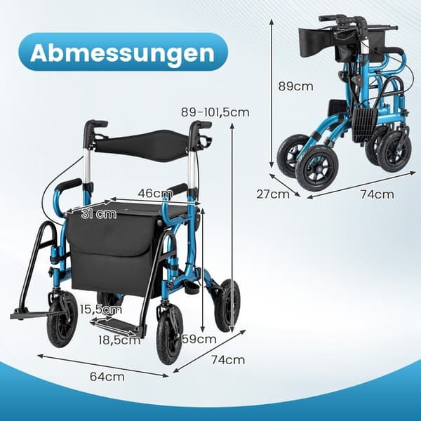 2-i-1 rollator og kørestol, luftdæk, foldbare