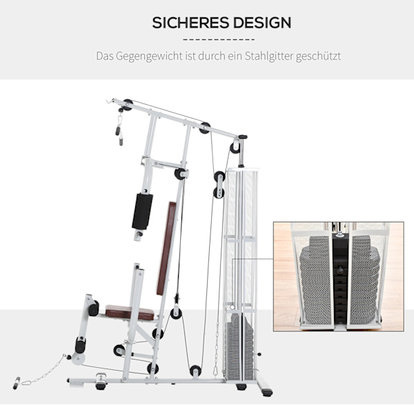 Träningsstation för hemmet, totalt 45 kg, med pressarm, benframkallare, rullkuddar, PU-syntetläder, 150 x 110 x 210 cm, vit