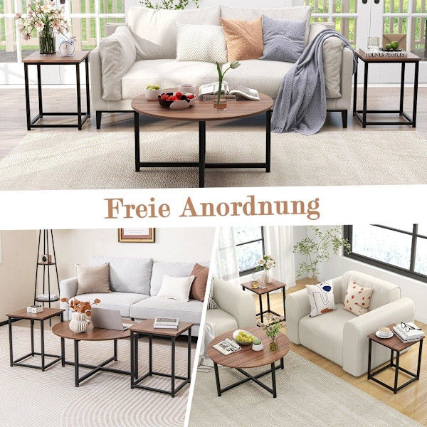 Set med 3 soffbord med robust metallstomme, runt soffbord och 2 fyrkantiga sidobord, bruna