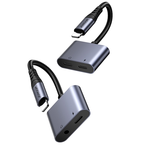 2-i-1 iPhone-adapter, laddare + Lightning-hörlurar / 3,5 mm minijack, svart