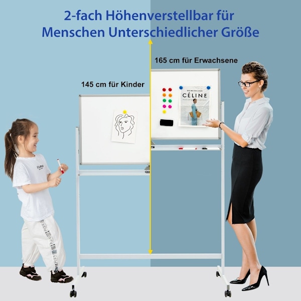Dobbeltsidet magnetisk mobil whiteboard Justerbar Dry Erase Board på hjul Hvid