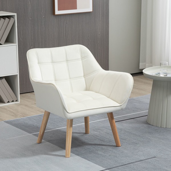 Enkeltlænestol, afslapningslænestol, lænestol med fløjlslook, hævede ben, polstret lænestol til stue, soveværelse, 64 x 62 x 72,5 cm, creme