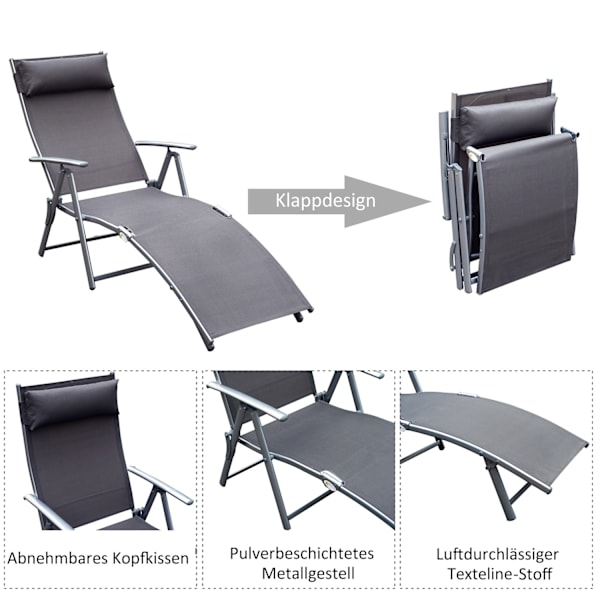 Garden Lounger Liggestol Solseng Foldbar Justerbar Med Pude Havegrå Metal + Stof Grå 137 X 63,5 X 100,5 Cm