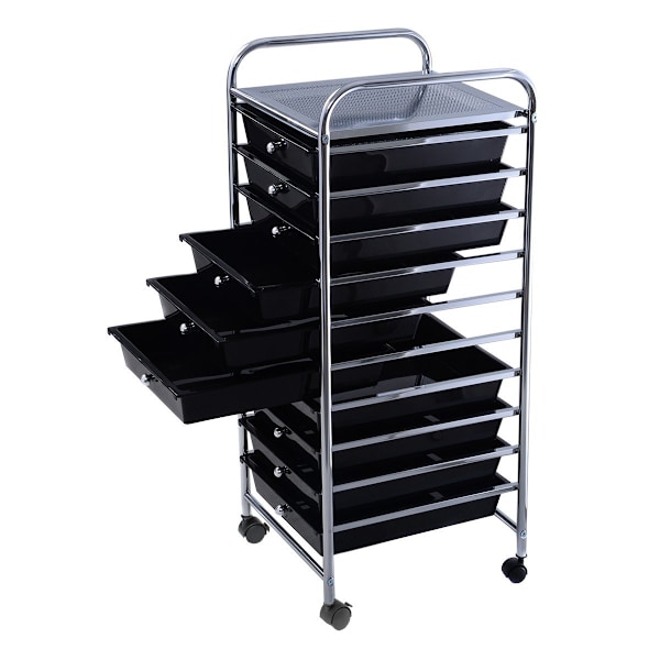 Rullevogn, rullecontainer, badeværelsesvogn, badeværelsesvogn, sidevogn med 10 skuffer, sort