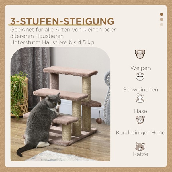 Katttrappa, djurtrappa för katter, hundtrappa, 3 steg, med skrapstolpar, lekboll, plysch, brun, 45x40x48cm
