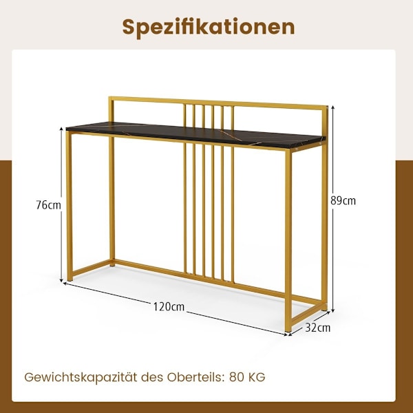 120 cm konsolipöytä marmorilla ja kullalla metallirungolla Moderni eteisen pöytä musta