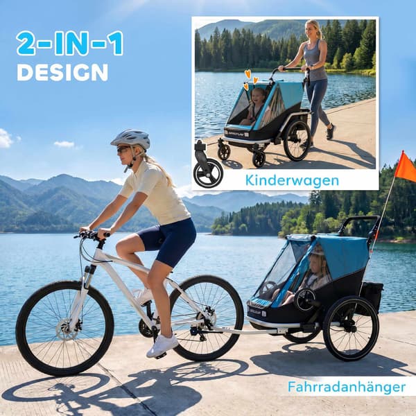 2-i-1 cykelvagn för barn, 2-sits, blå
