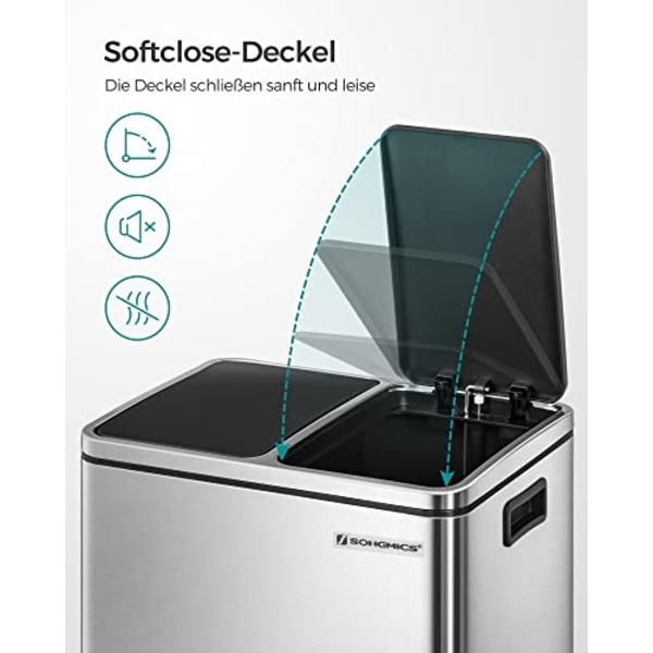 Kaksiosastoinen Soft-Close -kierrätysastia, 30 litran tilavuus