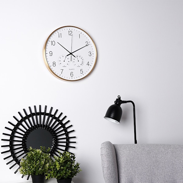 Seinäkello lämpömittarilla ja kosteusmittarilla valkokulta 38 cm