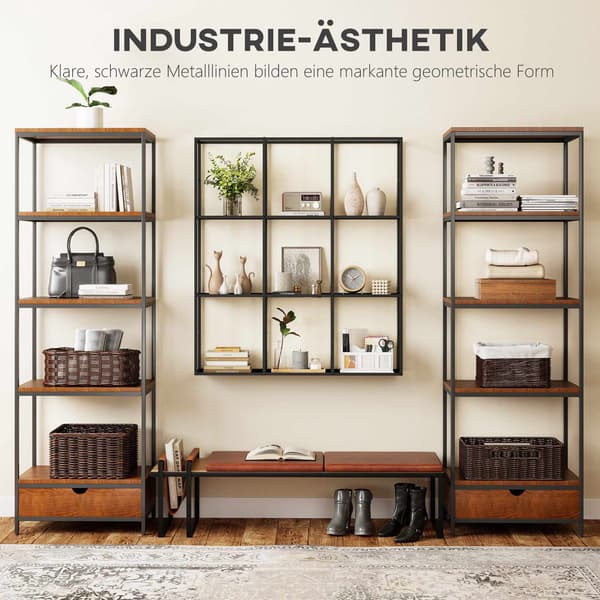 Industriel metalvæghylde med 9 rum, sort