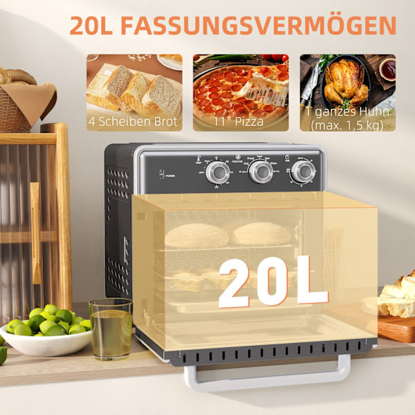 Miniugn med cirkulerande luft 20L miniugn med bakplåt, grillgaller och smulplåt, 90°C-230°C varmluftsfritös med 5 lägen, frityrkorg, 60 min timer, 140
