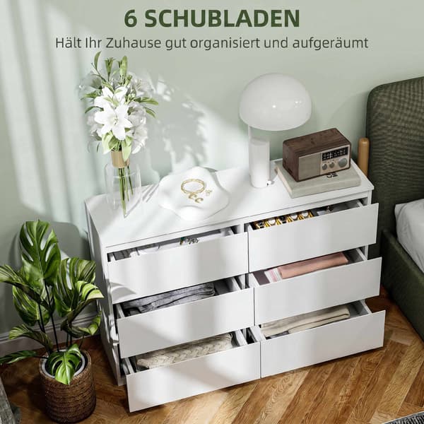 Kommode med 6 skuffer, hvid kommode 112 x 34 x 75 cm