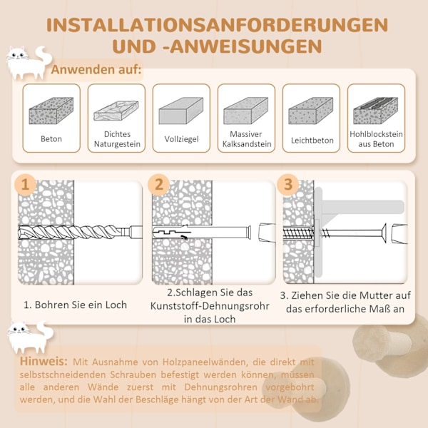 Kattklätterväggsset, 3-delad kattmöbel med skrapbräda, hoppplattor, skrapstolpe, lekboll, för katter upp till 5 kg, sisal, beige
