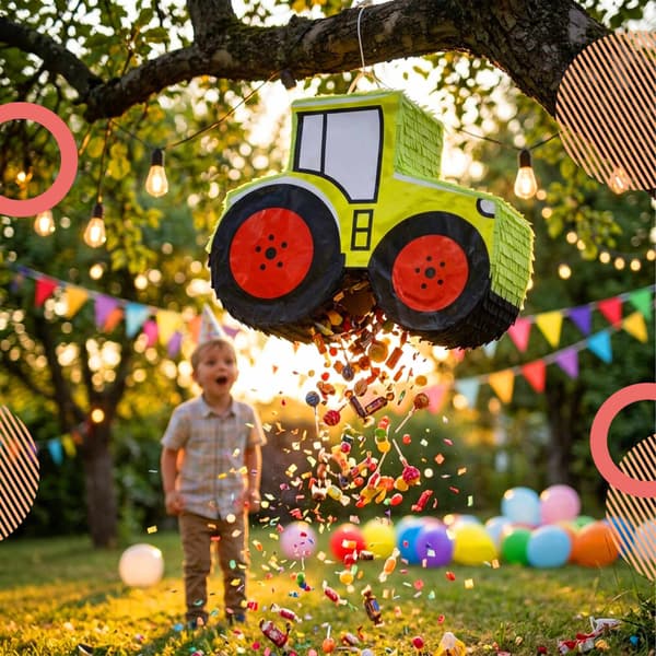 Traktor Piñata-sæt med pind og maske – 40 cm