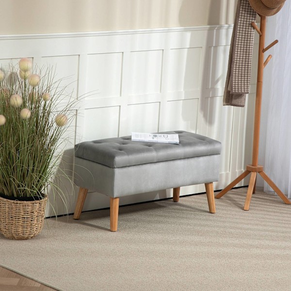 Bænk med opbevaringsplads, polstret bænk med låg, sengebænk med fløjlslook, til entre, soveværelse, stue, gummitræ 102 x 35 x 43 cm grå