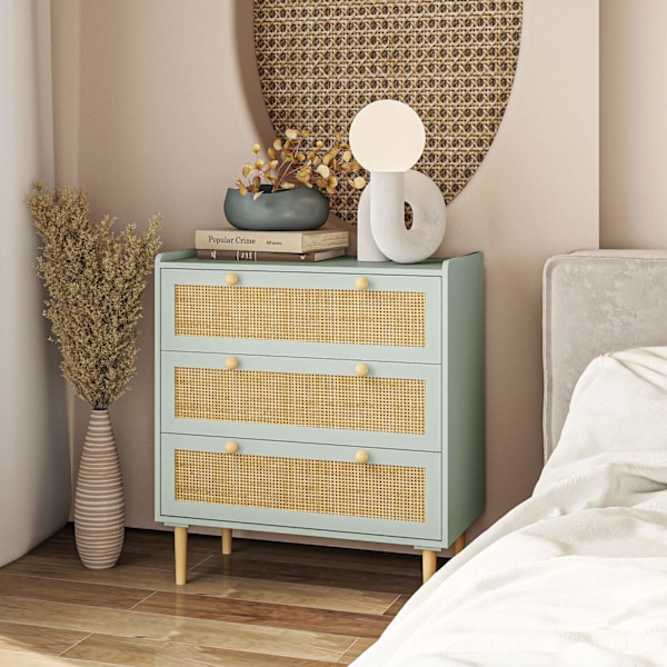 Kommode sideskab med 3 skuffer, skænk med boho stil, rattan look, skuffe kommode til stue, soveværelse, lyseblå 80 x 40 x 87,5 cm