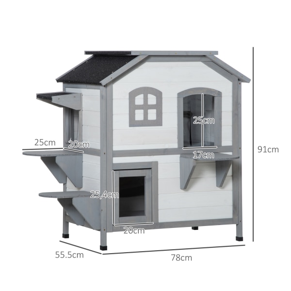 Kattehus I Træ, Udendørs Kattehus Med Trapper, 2 Plan, Lille Dyrehus Til Katte Op Til 4,5 Kg, Hvid, 78 X 55,5 X 91 Cm