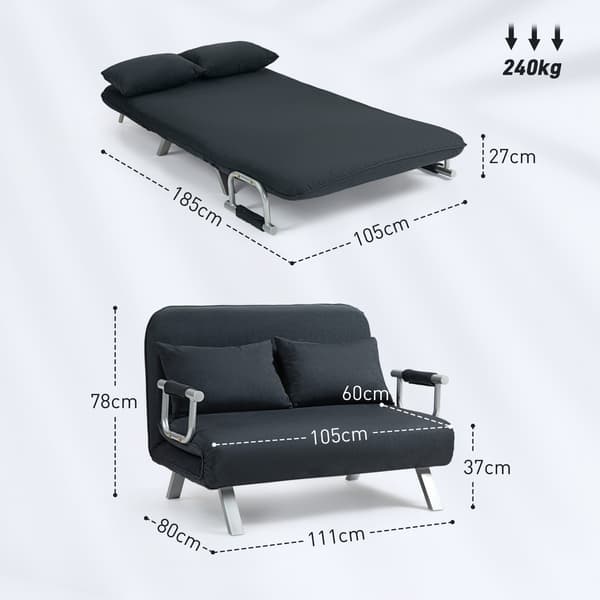 Bäddsoffa, bäddsoffa med justerbart ryggstöd, kudde, 2-sits soffa med sovfunktion, sammetslook, armstöd, soffa för vardagsrum, sovrum, svart