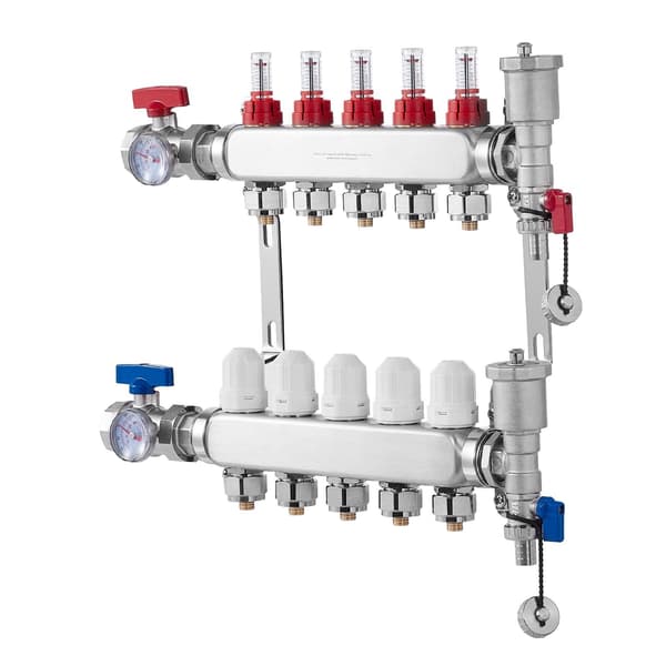 PEX-varmemanifold, 5-løkker, rustfrit stål, 1/2" adaptere