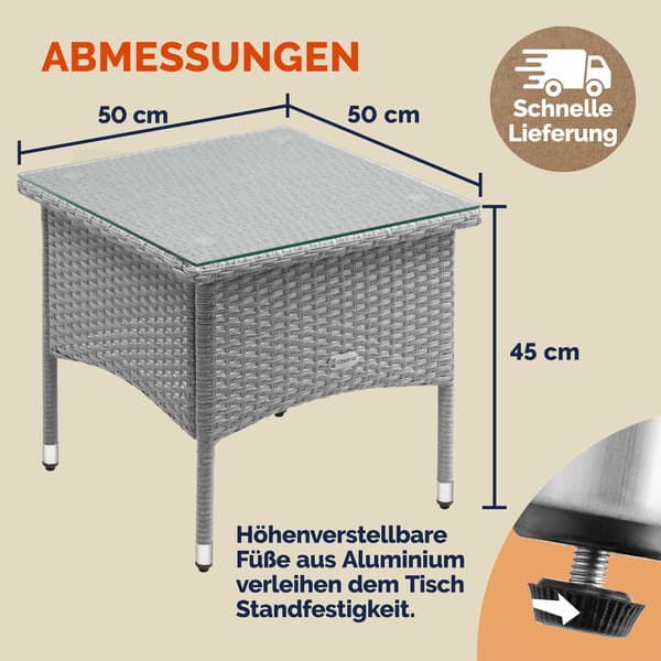 Polyrattan sidebord, gråt, 50x50x45 cm, glasplade