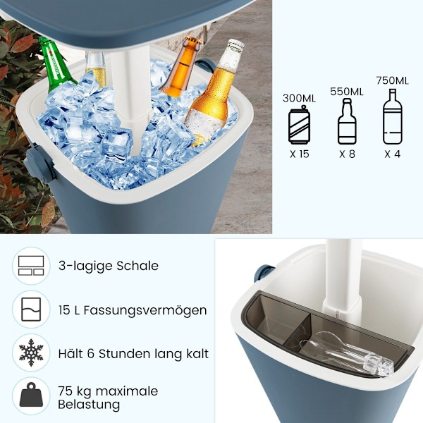 15L bærbar kølig bar med løftbar bordplade &amp; Flaskeåbner sidebord køleboks blå