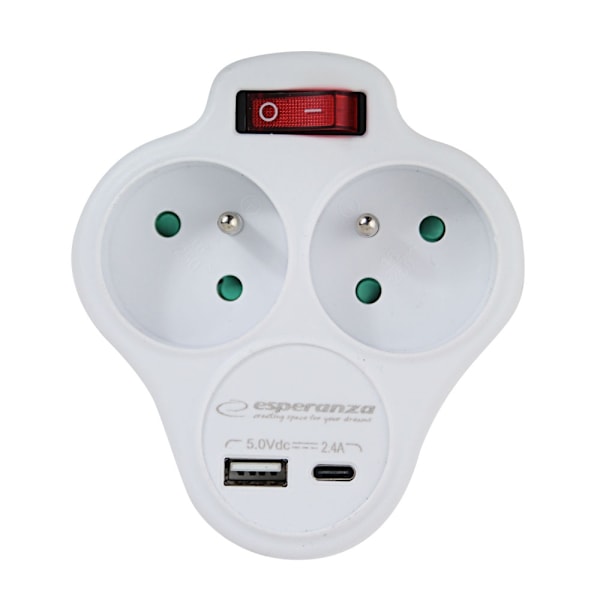 Esperanza Elec. Socket Splitter 2 Stikkontakter Usb-C Usb-B Switch Hvid