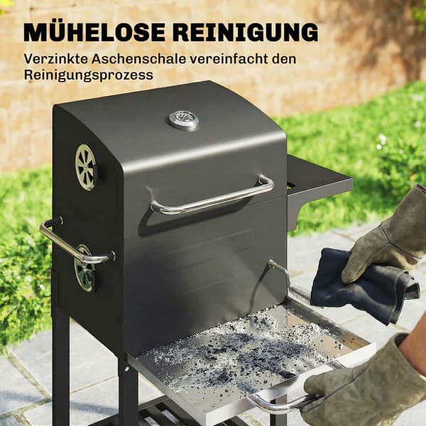 Kompakt kolgrill med termometer och sidobord