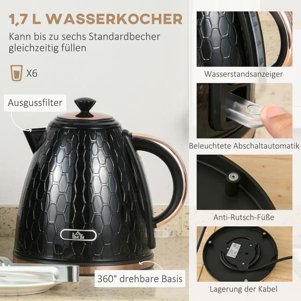 Elkedel- og brødristersæt, 1,7 l, multifunktion, LED-display