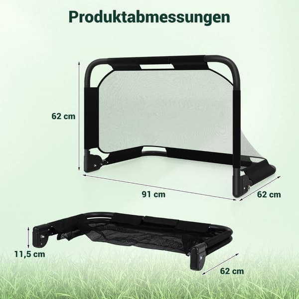 Sammenklappeligt pop-up fodboldmål med målvæg, sort