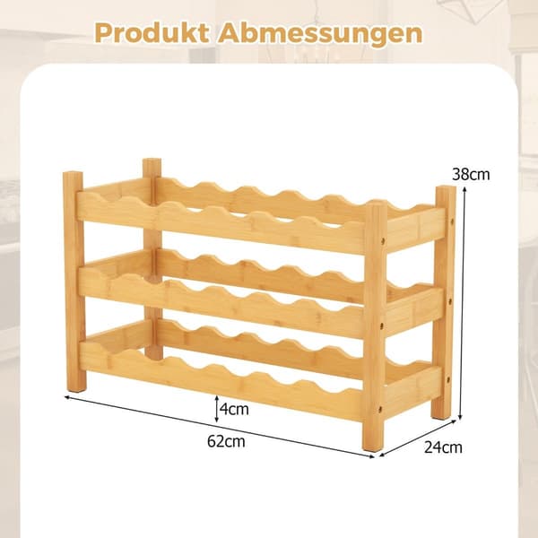 3-kerroksinen bambuviiniteline 18 pullolle 62 x 24 x 38 cm luonnollinen