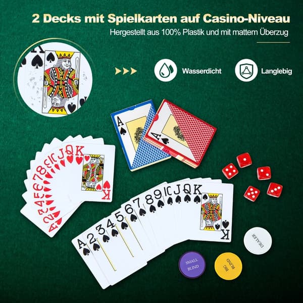 500-delars pokerset med laserchips, kort, tärningar och fodral