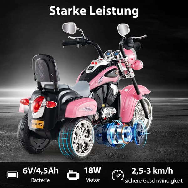 6V Elmotorcykel för Barn, Rosa, Justerbara Ljus & Ljud