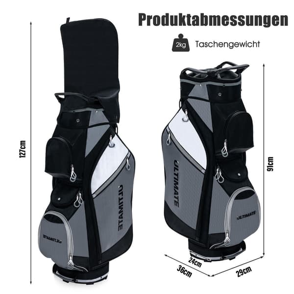 Golfbägi 14 lokerolla, vedenpitävä tasku, musta/harmaa