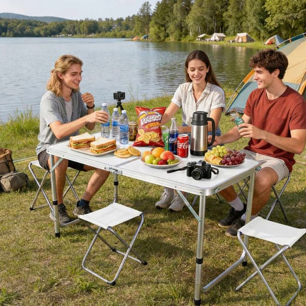 Hopfällbart campingbord med 4 pallar, justerbar höjd
