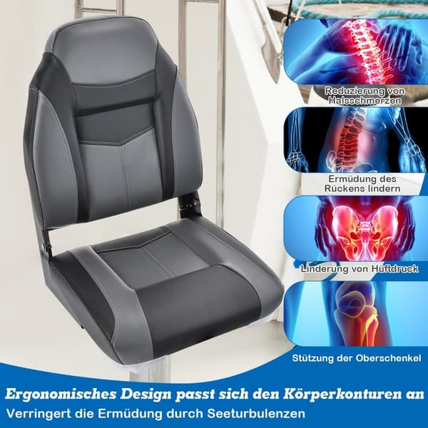 Hopfällbart båtsäte, hög rygg, tjock dyna, svart