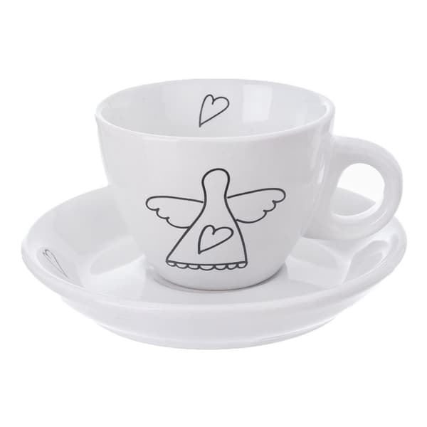 Änglamotiv espressoset: 2 koppar & fat i vit keramik