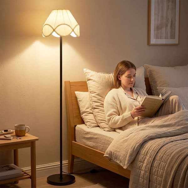 Dæmpbar gulvlampe, 159 cm, sort med stofskærm