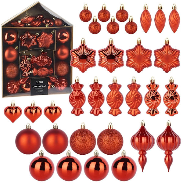 Röda splittersäkra julgranskulor, set, 32 delar