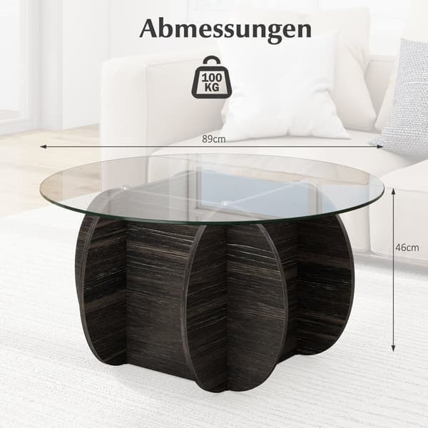 Runt soffbord, härdat glas, dold förvaring