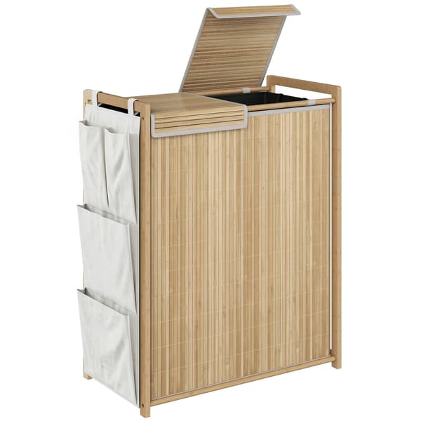 120L tvättkorg i bambu med lock och sidofickor