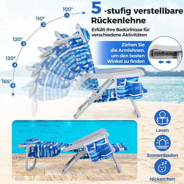 Hopfällbar strandstol med justerbart ryggstöd, blå ränder