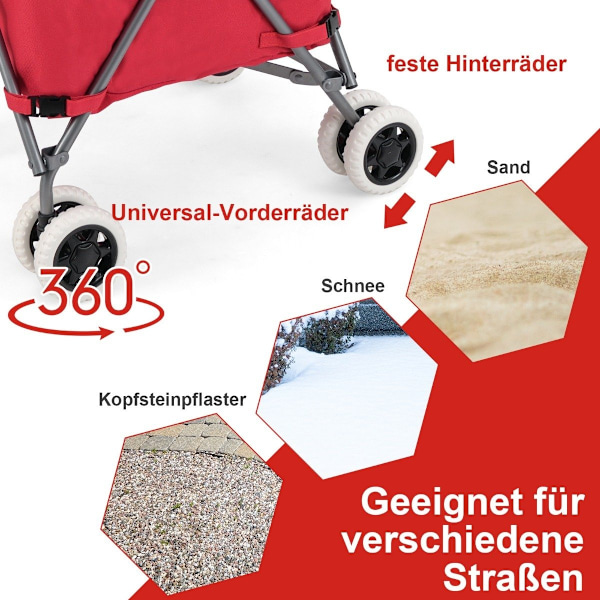 Taitettava ostoskärry pyörillä Tilavuus 90L/55kg käsikärry irrotettavalla Oxford Bag Red