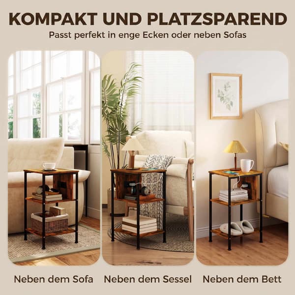 Sidobord med laddningsstation, rustik brun finish