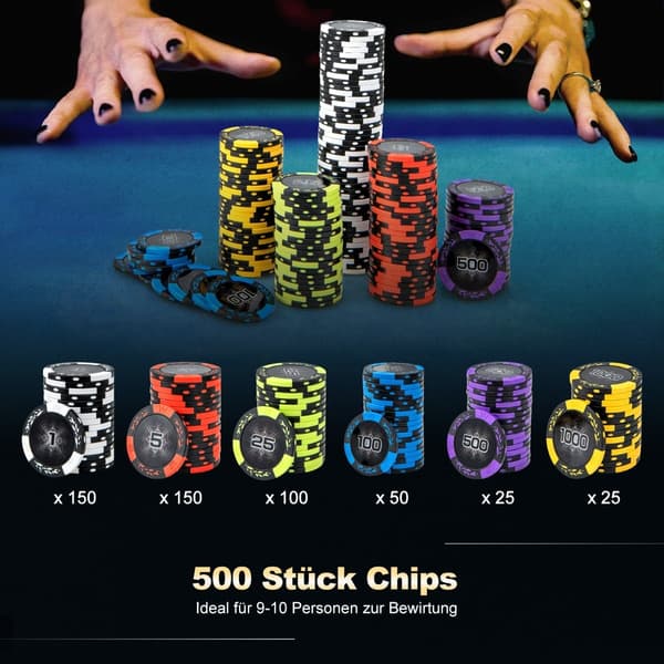 500-delars pokerset med laserchips, kort, tärningar och fodral