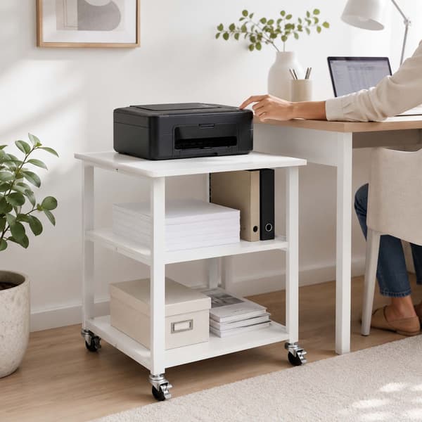 Hvid printerstativ med hjul – 3-lags, under skrivebord
