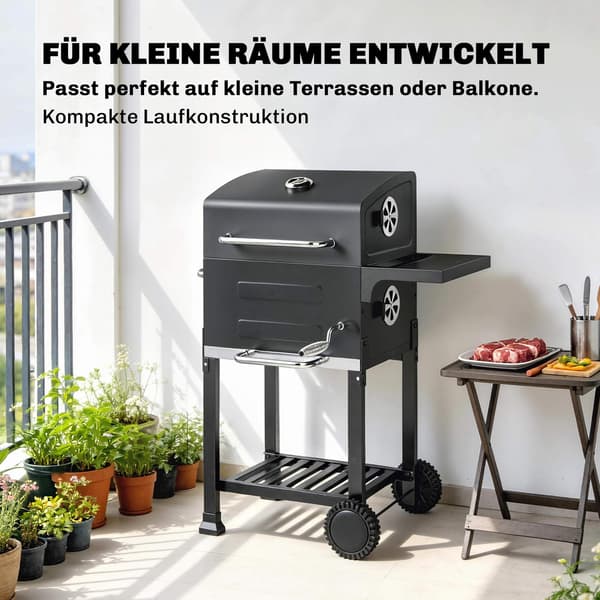 Kompakt kolgrill med termometer och sidobord